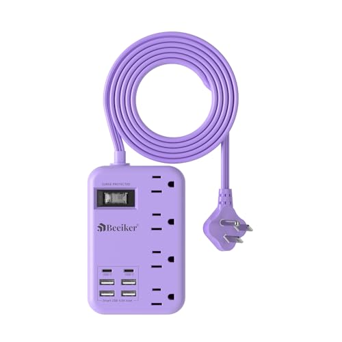 6 USB (2 USB C) Purple Travel Power Strip,5 Feet Lavender Extension Cord | 6 USB,2 USB C,24W USB Charging Station,4 Outlets,Surge Protector,Purple Desk Accessories,Cute Kawaii Office Dorm Room,5 foot - size: Purple-24W USB-5ft-980J