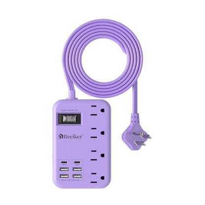 6 USB (2 USB C) Purple Travel Power Strip,5 Feet Lavender Extension Cord | 6 USB,2 USB C,24W USB Charging Station,4 Outlets,Surge Protector,Purple Desk Accessories,Cute Kawaii Office Dorm Room,5 foot - size: Purple-24W USB-5ft-980J