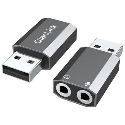 QianLink USB to 3.5mm Audio Adapter (2-Pack),External Stereo Sound Card with Dual TRS 3-Pole 3.5mm Headphone and Microphone Jack for PS4/PS5/PC/Laptop, Built-in Chip Mic-Supported Headphone Adapter