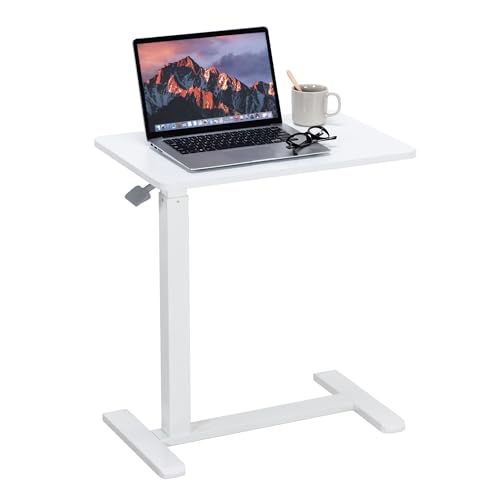 Overbed Table with Pneumatic Height Adjustment, Hidden Casters Rolling Bedside Table, Hospital Bed Table Mobile Laptop Standing Desk for Hospital Home Use, White