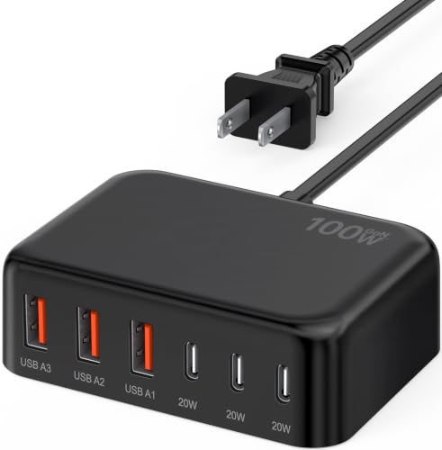 [2026 Updated] USB C Fast Charger, 100W GaN 6 Port Type C Charging Station Hub Block Cube, USB C Wall Charger Power Strip Adapter Plug for iPad iPhone 17 16 15 14 Pro Max Pixel Note Galaxy, 5ft Cord - color: B-Black