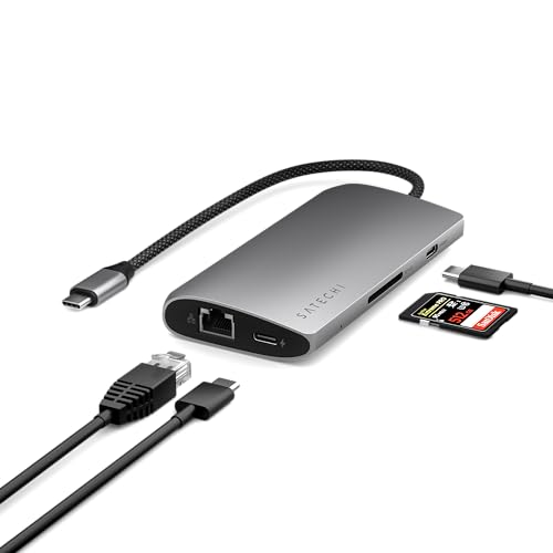 Satechi 8-in-1 USB-C Hub V3, 8K HDMI, 100W Charging, Ethernet, Space Gray | USB hub, 100W Charging, 4 USB Data Ports, Ethernet, SD Card Reader, for Mac and Windows, MacBook Air/Pro/Neo, iPad Air/Pro - color: Space Gray, size: V3