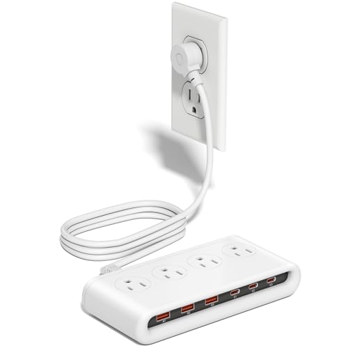 10-in-1 USB Charging Station with PD 20W Fast Charging, Surge Protector 6 USB Ports 4 AC Outlets 5ft Travel Power Strip with USB Ports Extension Cord for Home/Office/Travelling - color: White