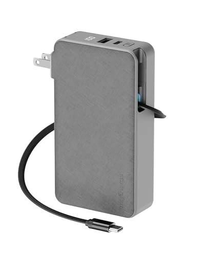 myCharge RetractaCharger 10000mAh Portable Charger Power Bank with 28-Inch Retractable USB-C Cable | Built-in Wall Plug | 30W PD Fast Charging | USB-C & A Ports | Digital Display | Grey - color: With Wall Plug