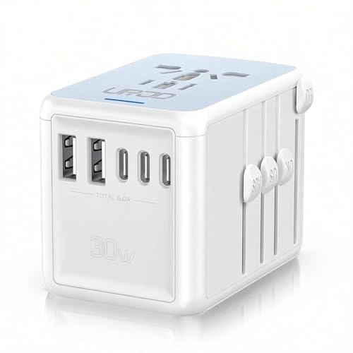 Universal Travel Adapter, 30W 5 USB C/A Ports & 2500W AC Outlet, White | International Power Adapter for Phone Tablet & All USB Devices, Multi Plugs 110V 220V A/C, for Europe UK US 200+ Countries - color: 3 USB Type C + 2 USB Type A - White+Grey