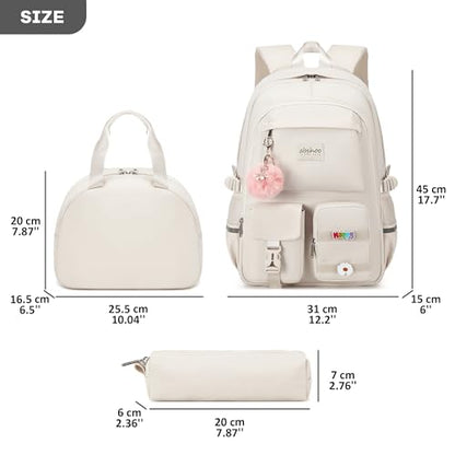 abshoo School Backpack for Girls Bookbag with Lunch Bag Teen Girls School Bag Travel Daypack (Beige) - color: Beige