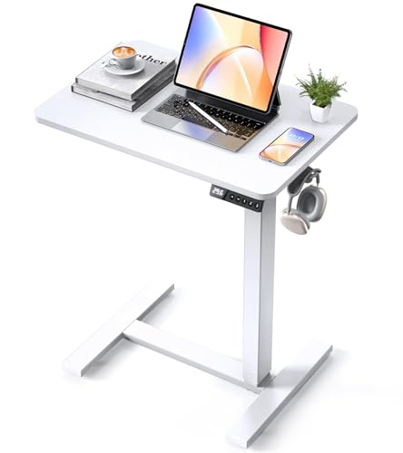 24"x 16" Electric Overbed Table, Rolling Laptop Desk for Bed, White | Height Adjustable Bedside Desk with Hidden Wheels, Mobile Standing Desk for Sofa, Home Office & Hospital Use - color: White, size: 24x16 Inch