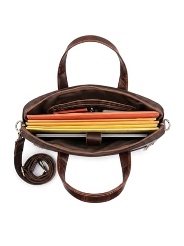 Genuine Leather Laptop Bag for Men & Women – 3 Compartment Briefcase with Padded Sleeve, 15.5 Inch Office Bag - color: Brown