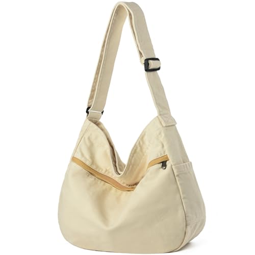 Canvas Hobo Crossbody Tote Bag for Women & Men Large Messenger Bag | Canvas Purses for Women Multi-Pocket Casual Shoulder Handbag for Travel Work Daily Shopping - color: 1-b Beige