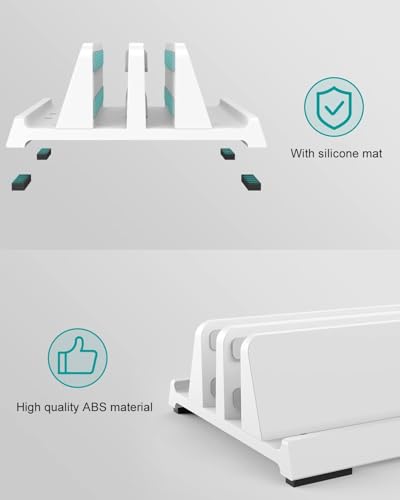 Vertical Laptop Stand for Desk, Dual Slots Plastic Laptop Holder with Space Saving 4-in-1 Design, Adjustable Laptop Stand Supports MacBook, Chromebook, Surface, Dell (White) - color: White