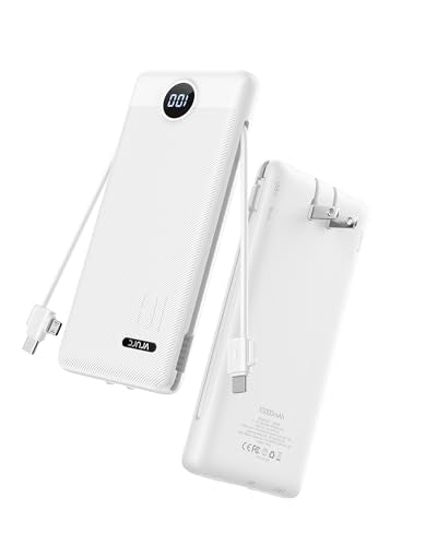 VRURC 10000mAh Portable Phone Charger, Built-in AC Plug & Cables, White | 22.5W fast charging, LED display, built-in Micro/USB-C/Phone cables, airline approved travel accessory,8 oz - color: White