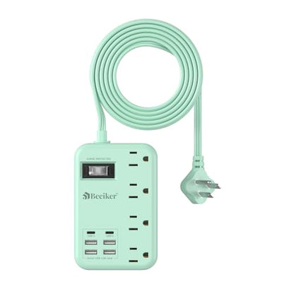 6 USB(2 USB C) Green Travel Power Strip 4 Outlets 5Ft Green Extension Cord | 5FT Green Extension Cord,2 USB C Charging Station,4 Outlets,Cute Desk Accessories,Switch,Kawaii Home Office College Dorm,24W - size: 5 FT(Green-24W USB-980J)