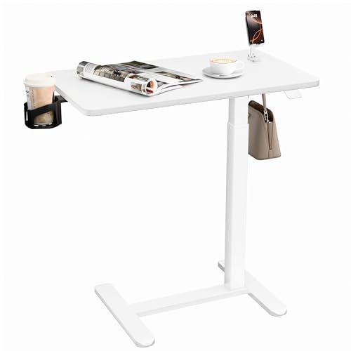 YESHOMY Adjustable Bedside Table with Wheels, Phone Stand, Cup Holder and Headphone Hook, Adjustable Height Side Table, Hospital and Home Use, White - color: White, size: 27.5 Inch
