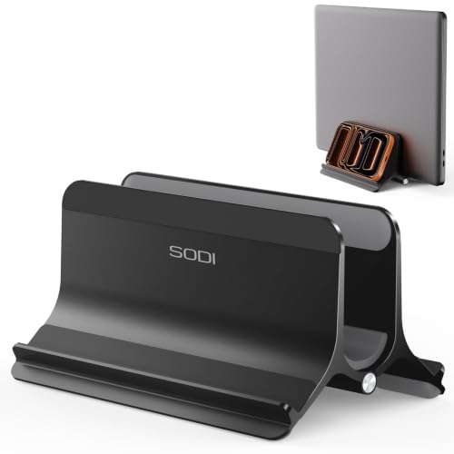 Vertical Laptop Stand Holder for Desk Compatible with MacBook Air, MacBook Pro Stand Vertical Aluminum Up to 17 inch, Gravity Auto-Lock Cooling, 3-in-1 Space Saving Desk Organizer Accessories - color: Black