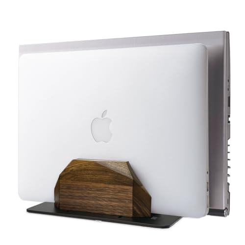 Walnut Wood Vertical Laptop Stand, Dual Slot Wooden Laptop Holder Vertical for Desk, Width Adjustable Dock Compatible with MacBook Pro and Universal Gaming Laptops - color: Black