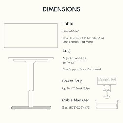 FLEXISPOT EN2 60"x24" Whole-Piece Standing Desk with Power Strip, Black | Whole-Piece Desktop, Easy-Access Clamp Power Strip, Organized Cable Management, Modern Home Office Setup - color: Black Top + White Frame, size: 60x24"