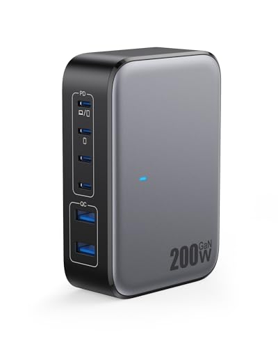 USB C Charger 200W USB Charging Block,6 Ports GaN IV Foldable Wall Charger Outlet Plug,QC4.0 Fast Charging Station Hub,PD 65W Laptop Adapter for MacBook Pro/Air,Dell,iPhone 16/15,Galaxy,Steam Deck - color: Black-Sliver, size: 200W