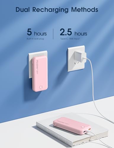 Nusyddy Portable Charger 10000mAh Fast Charging w/Built-in Wall Plug Pink | PD20W Fast Charging, LED Indicator, Pass Through Charging, TSA Approved, Compact/Slim, Power Bank for iPhone/iPad/Samsung - color: Pink