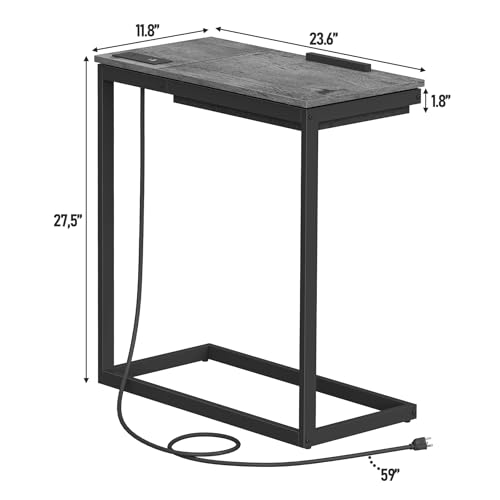 TUTOTAK Large C Shaped End Table, Side Table with Charging Station C Table | Tilting Laptop Stand with Storage, Computer Couch table for Living Room, Bedroom, Charcoal Grey TB01BY090 - color: Charcoal Grey, style: Plug