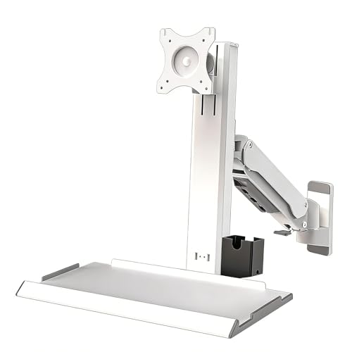 Monitor and Keyboard Wall Mount, Stand/Sit Workstation, Height Adjustable, with Gas Spring Arm, Folding Tray, Max Load 10 Kg, Fits 15"-32" Screens - color: White, size: 61cm