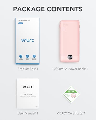 VRURC Portable Charger, Power Bank Built-in Cables and AC Wall Plug | USB C Power Bank 10000mAh Travel Essentials Phone Charger Compact External Battery Pack For Smart Phones, Tablets etc-Pink - color: Pink