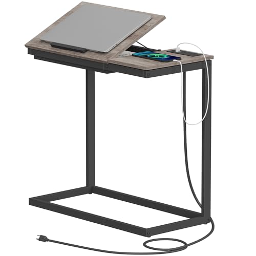 TUTOTAK Large C Shaped End Table, Side Table with Charging Station C Table | Tilting Laptop Stand with Storage, Computer Couch table for Living Room, Bedroom, Greige TB01BG090 - color: Greige, style: Plug