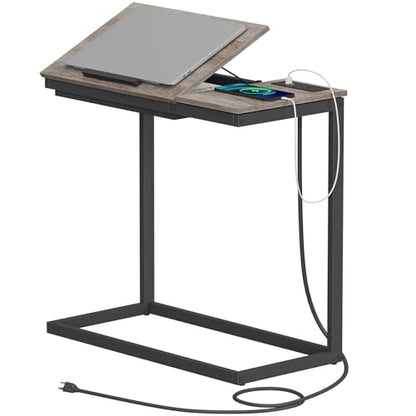 TUTOTAK Large C Shaped End Table, Side Table with Charging Station C Table | Tilting Laptop Stand with Storage, Computer Couch table for Living Room, Bedroom, Greige TB01BG090 - color: Greige, style: Plug