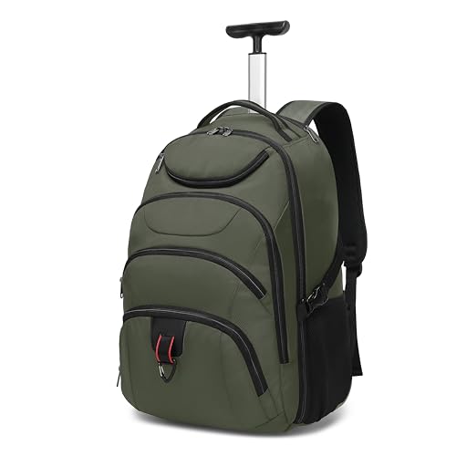 Boavan Rolling Backpack,17 inch Water Resistant Wheeled Backpack,Carry on Luggage Business Bag, Overnight College Computer bag Trolley Suitcase for Men Women Adults to Travel，Green - color: Green, size: 17.3 inches