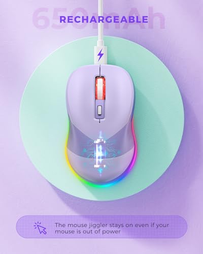 PEIOUS Wireless Jiggler Mouse for Laptop Keeps Computer Awake- Light Purple | 2-in-1 rechargeable LED mouse with jiggler mode, random movement, On/Off control, and plug-and-play USB - color: Purple