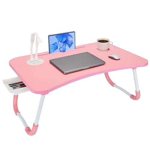 Laptop Bed Desk, Lap Desk, Laptop Table with USB Charge Port, Desktop Card, Cup Holder, Foldable Bed Tray Table for Couch Sofa Chair Floor Eating Working - color: Light Pink
