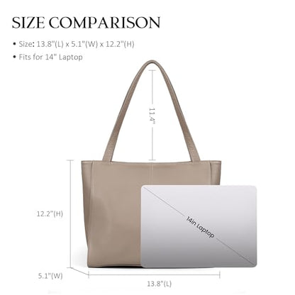 befen Genuine Leather Tote Bag for Women Work Travel Leather Purse Handbags | Real Leather, Padded 14" Laptop Compartment, Multi-Pockets, Zipper, Tote Bag for Daily - color: Taupe