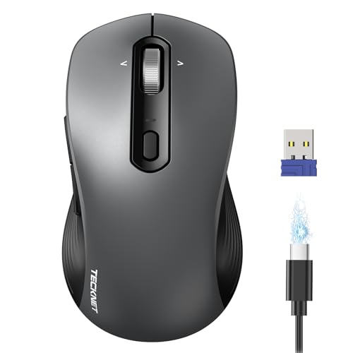 TECKNET Rechargeable Bluetooth Mouse, [ USB + BT5.0 + BT3.0 ] Wireless Mouse, Ergonomic 4-Way Scroll Wheel Computer Mice, 6-Level 4800 DPI Silent Mice, Multi-Device for Computer/Laptop/MacBook (Grey) - color: Grey