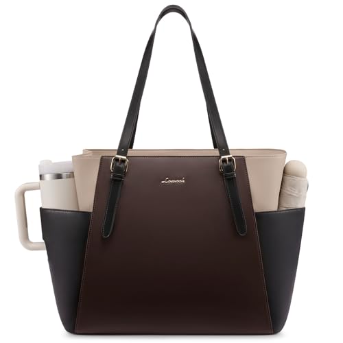 LOVEVOOK Laptop Tote Bag for Women,Leather Work Computer Briefcase Bag | Large Cup Holder,17.3 Inch Work Tote,Professional Briefcase,Teacher Commuter Shoulder Bag,Office,Travel,Gift - color: Coffee Color With Black, size: 17.3 Inch