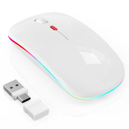 Gizdot-R1 LED Mouse for MacBook Air/iPad/Laptop, Bluetooth Rechargeable Silent Mouse with USB-C, Built-in Mouse Jiggler, 4-Mode Wireless Mouse Compatible with macOS/iOS/Windows/Android - color: White