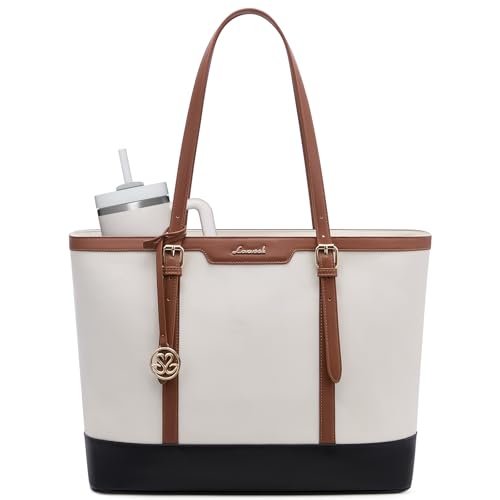 LOVEVOOK Laptop Bag for Women, 15.6 Inch Large Work Tote Bag with 40oz Cup Holder, Waterproof PU Leather Computer Briefcase for Teacher, Professional Business Shoulder Purse Black-White-Brown - color: Black-white-brown, size: 15.6 inch