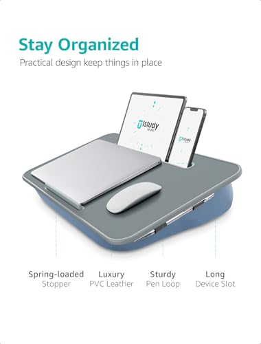 Istudyniture Lap Desk | Portable Laptop Desk & Stand – Fits Up to 17 inch – Washable Cushion, Built-in Phone Holder – for Bed, Couch, Sofa, Floor – Writing, Reading, Home Office – Large, Grayish Blue - color: Grayish Blue