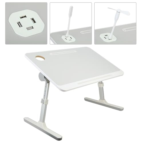 Laptop Desk for Bed, Adjustable Laptop Bed Table, Portable Lap Desk with Foldable Legs, Bed Table with USB Light and Fan, Laptop Bed Tray Table for Sofa Eating Working Writing
