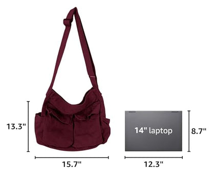 Canvas Messenger Bag Large Hobo Crossbody Bag with Multiple Pockets Casual Shoulder Tote Bag for Women and Men - color: D Red