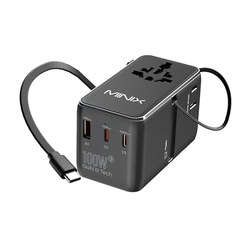 MINIX 100W Universal Travel Adapter with Retractable USB C Cable,GaN III International Power Adapter, Type-C*3 USB-A*1 Ports, AC Outlet, Worldwide Travel Charger for Laptops Tablets Phones Cameras - style: 100W-Fast Charger