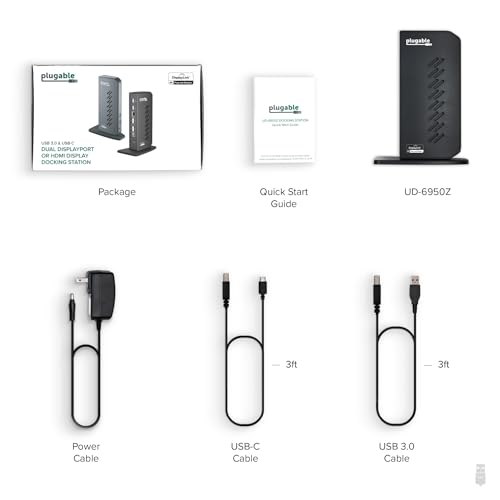 Plugable Dual DisplayPort & HDMI Docking Station - USB 3.0 & USB-C Laptop Dock for Dual Monitors, DisplayLink, Mac (Driver Required), ChromeOS & Windows, Gigabit Ethernet and Audio (UD-6950Z)
