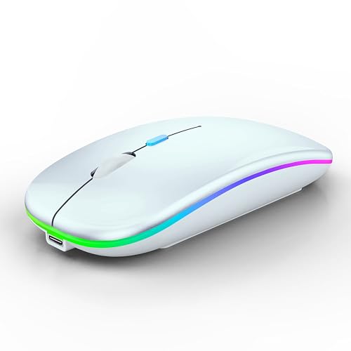 WREANU Wireless Bluetooth Mouse, Rechargeable Laptop Mice,White | LED Lights Silent Slim Dual Mode(BT5.2 & USB 2.4G Portable Receiver) Computer Mouse for Laptop/iPad/Tablet/Apple/Computer/Mac - color: White Wireless Bluetooth Mouse