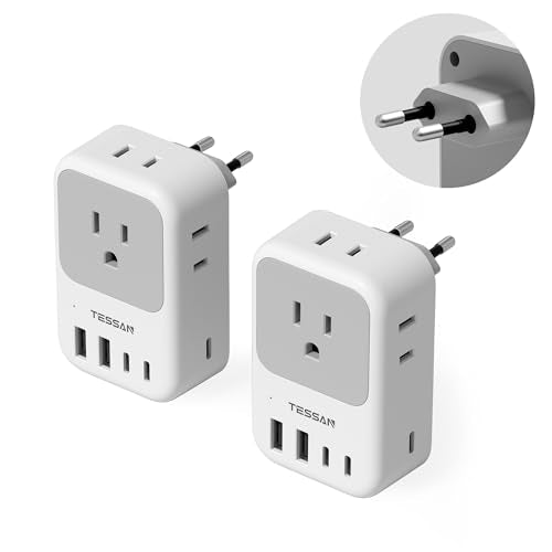TESSAN European Travel Plug Adapter, Foldable EU Plug, PD 28W | 4 AC Outlets & 5 USB Ports (3 USB-C), Type C Power Adapter for Italy France Germany Spain Greece Iceland - color: White grey-Type C(3 USB C 28W)