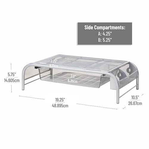 Mind Reader Monitor Stand, Ventilated Laptop Riser, Paper Tray, Storage, Office, Metal Mesh, 20"L x 11.5"W x 5.5"H, Silver - color: Silver