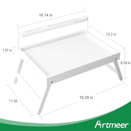 Artmeer Bamboo Bed Tray Table with Device Slot, Folding Legs, Large, White | FSC-certified bamboo bed tray with folding legs, device slot and handles for meals, laptops, reading and serving in bed. - color: White, size: Large