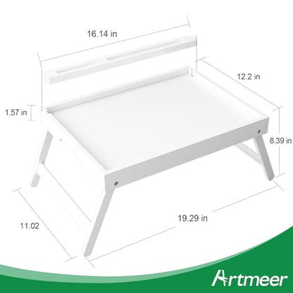 Artmeer Bamboo Bed Tray Table with Device Slot, Folding Legs, Large, White | FSC-certified bamboo bed tray with folding legs, device slot and handles for meals, laptops, reading and serving in bed. - color: White, size: Large