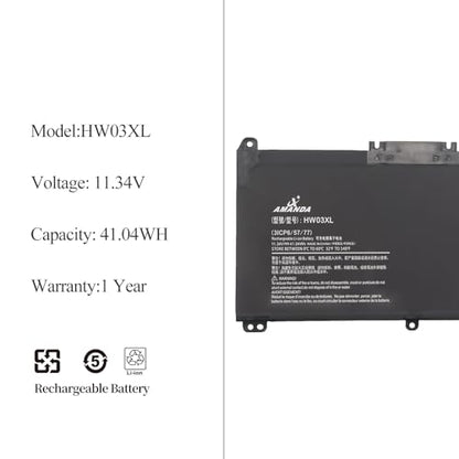 HW03XL Laptop Battery for HP Pavilion 15-EG 15-EG0010NR,15-EH0014na,15-EH1070WM 17-CP0XXX 17-CN0010nr, 17-CN0XX 17-CN0010nr, 17-CN0XX 240 245 250 255 G9 470 255 G8, 11.34V 41.04Wh - size: 9.44*5.23*1.26inch HW03XL
