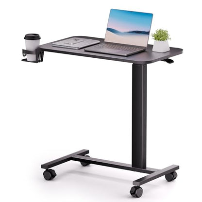 COMHOMA Adjustable Overbed Bedside Table with Lockable Wheels, Pneumatic Mobile Standing Laptop Desk, Small Standing Desk Portable Rolling Overbed Table Hospital Home Use(28" W x 16" D, Black) - color: Black, size: Small