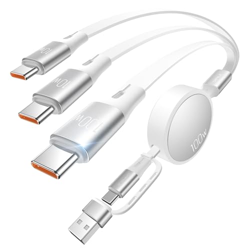 CAFELE Retractable Charging Cable, 100W USB C Fast Charger Cable 3 in 1 with [30-130cm] Adjustable Length, Multi-Port Cord for Laptop, Phone, Car, Travel - PD3.1/QC5.0（White） - color: White-4