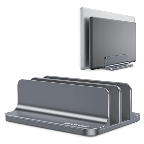 OMOTON Dual Vertical Desk Laptop Stand Holder, Fits MacBook Air/Pro, Grey | Aluminum Laptop Storage Rack for Desk, Adjustable Dock for Up to 17.3 in. Gaming Laptop, Space-Saving Desk Organizer - color: Grey