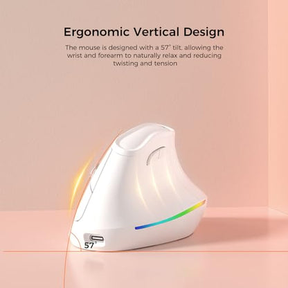 KYSONA 57° Wireless Ergonomic Mouse, Vertical Mouse, Carpal Tunnel Mouse, RGB Light, Rechargeable, Bluetooth & 2.4G, 5-Level DPI Adjustment, Quiet Click Ergo Mice Compatible with PC/Laptop/Mac, White - color: RGB Light in White